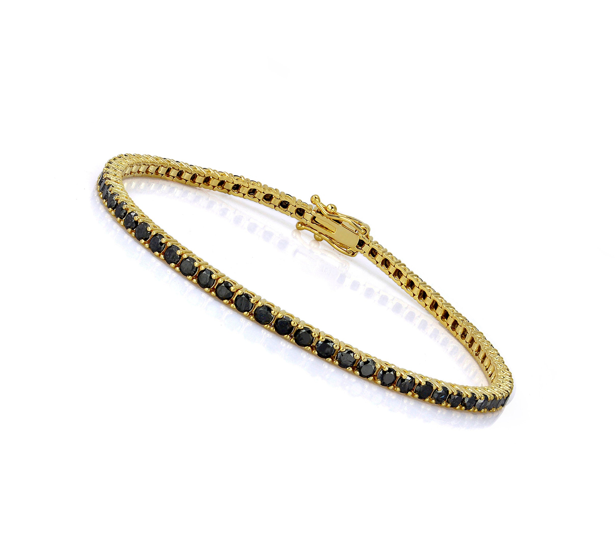 Black Onyx Tennis Bracelet – Yellow Gold Plated 925 Sterling Silver | Round 3mm Gemstones